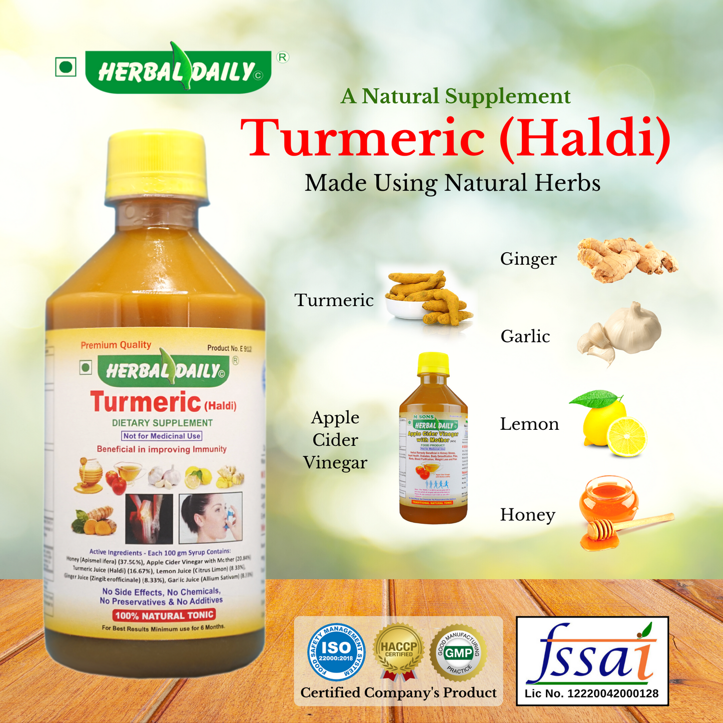 Turmeric (Haldi) Dietary Supplement Made Using Natural Herbs Turmeric, Ginger, Garlic, Apple Cider Vinegar, Lemon, Honey
