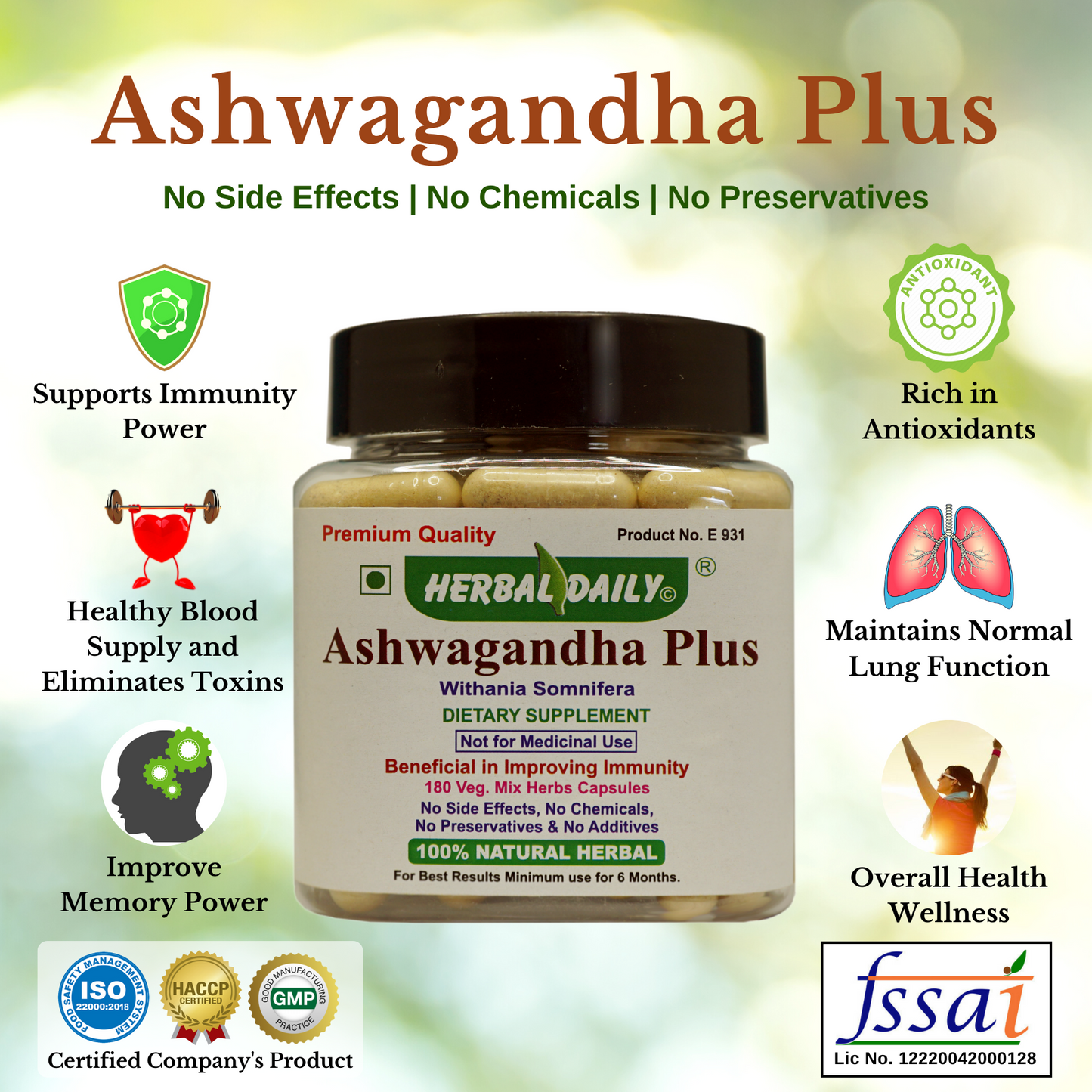 Ashwagandha Plus No Side Effects | No Chemicals | No Preservatives Supports Immunity Power - Rich in Antioxidants - Healthy Blood Supply and Eliminates Toxins - Maintains Normal Lung Function - Improve Memory Power - Overall Health Wellness
