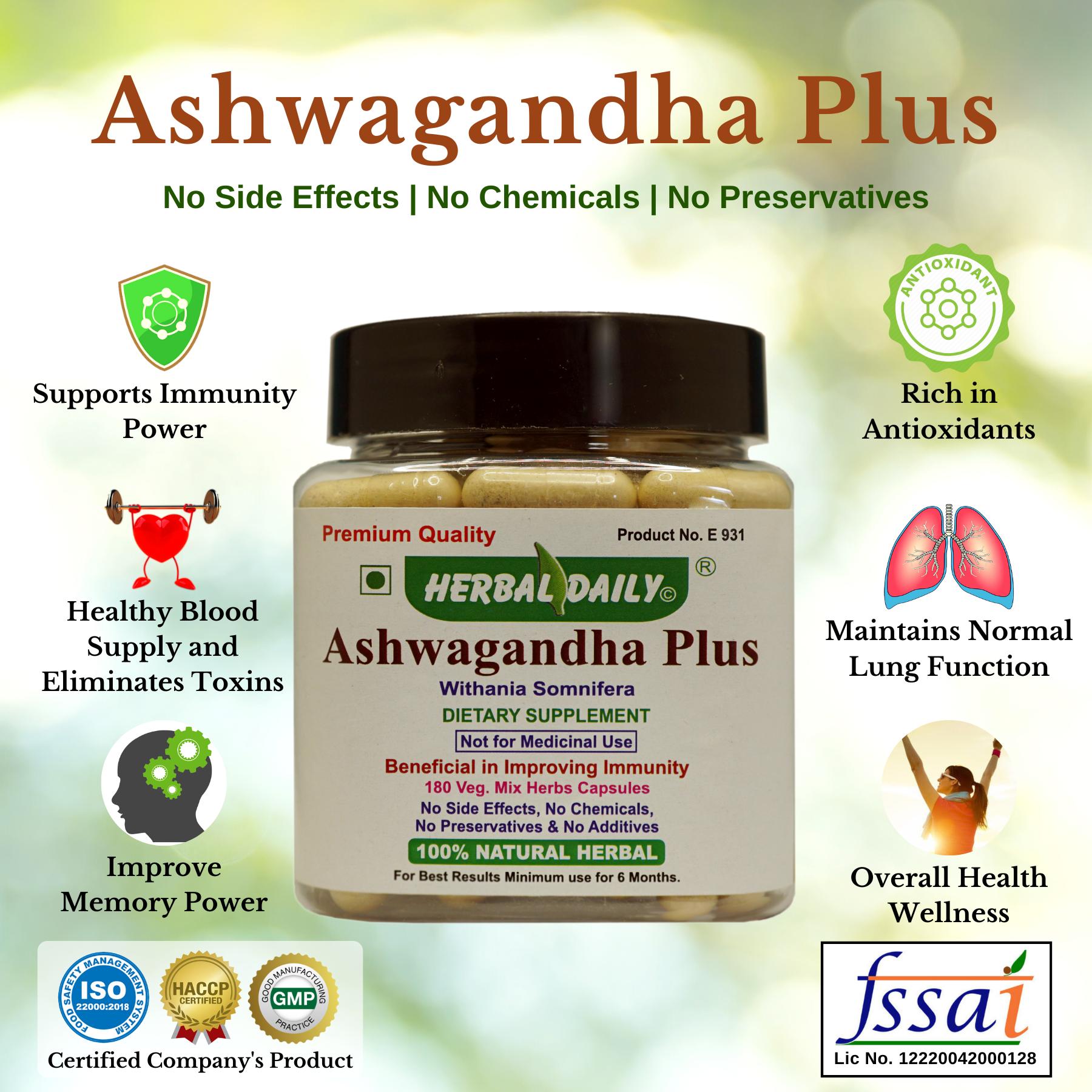 Ashwagandha Plus No Side Effects | No Chemicals | No Preservatives Supports Immunity Power - Rich in Antioxidants - Healthy Blood Supply and Eliminates Toxins - Maintains Normal Lung Function - Improve Memory Power - Overall Health Wellness