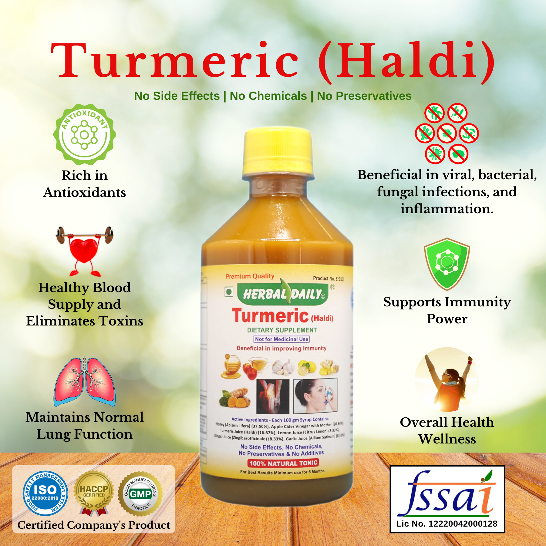 Turmeric (Haldi) No Side Effects | No Chemicals | No Preservatives Rich in antioxidants. Healthy blood supply and eliminates toxins. Maintains normal lung function. Beneficial in viral, bacterial, fungal infections, and inflammation. Supports immunity power. Overall health wellness.